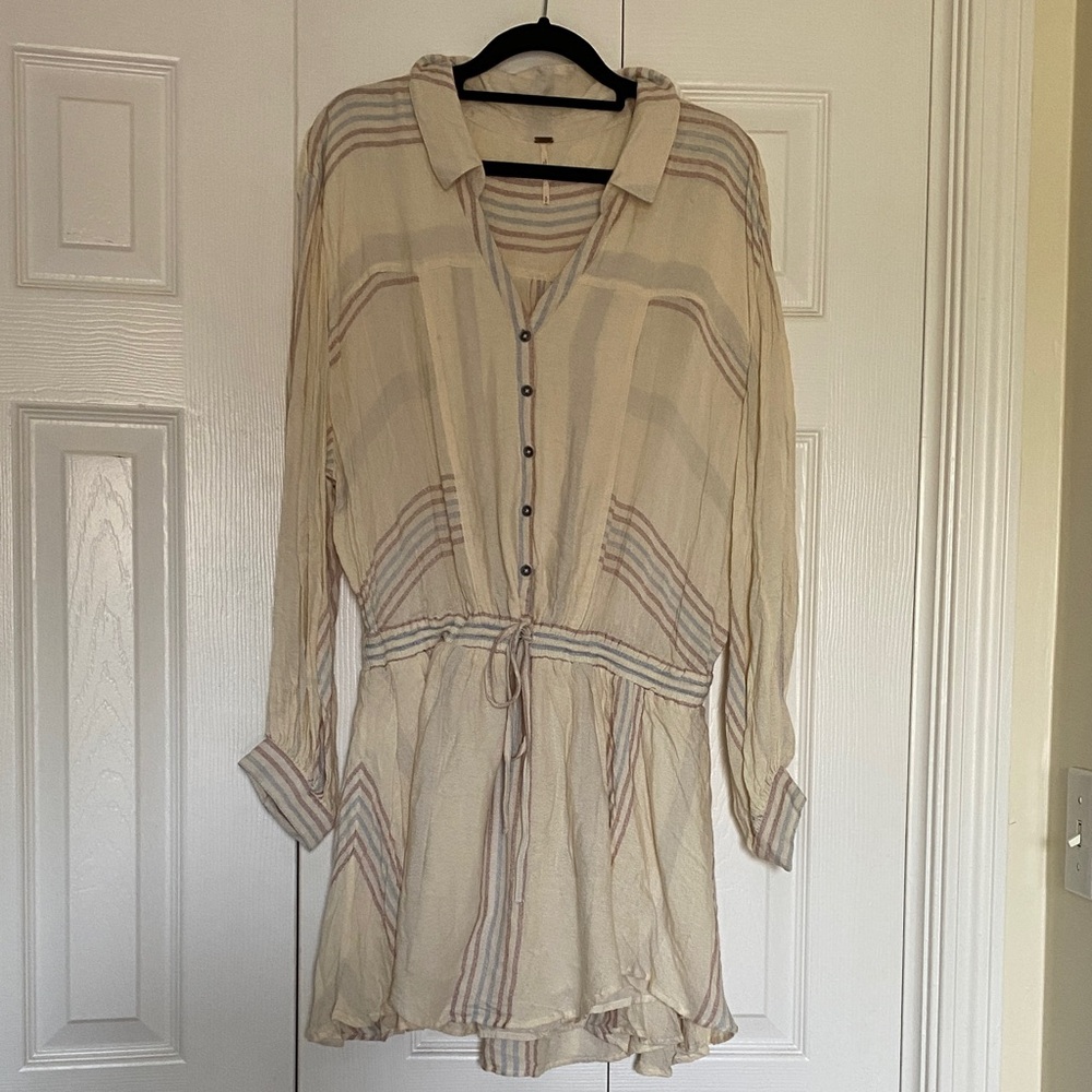 Free People Cream and Striped Shirt Dress Size S/P